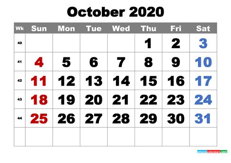 October 2020 Calendar Printable Pdf